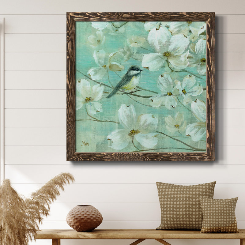 Mésanges et cornouiller - Détail I - Peinture sur toile encadrée, H 26,5 po x l 26,5 po x P 1,5 po, Encadré de bois de noyer