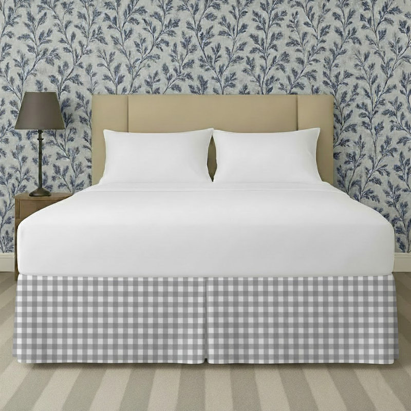 Gingham Pattern Tailored Bed Skirt 15" Drop Length, Light Gray, Full
