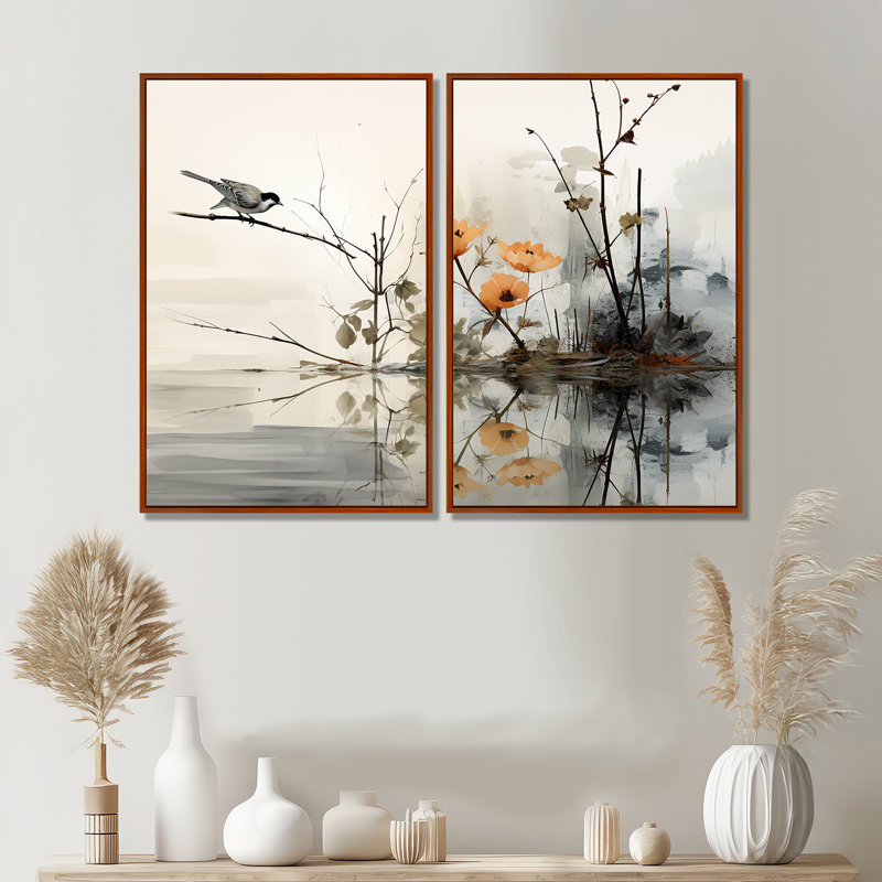 «Asian Art Sumi Bird Serenity XVIII», reproduction d'art sur toile jaune, Brown, 36" H x 48" W, Impression encadrée flottante