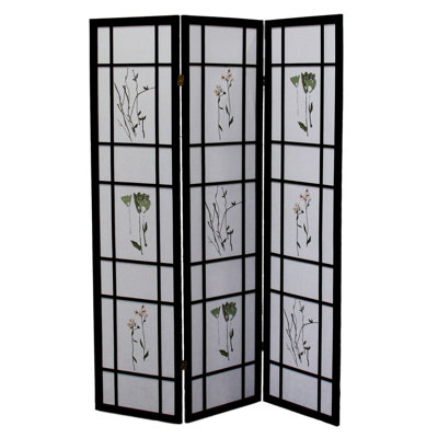 Paravent noir 70" 3" (178 cm x 7,6 cm), thème asiatique, structure en pin massif, panneaux à motifs floraux, pliable en hauteur, coloris, ornement, pin, imprimés floraux.