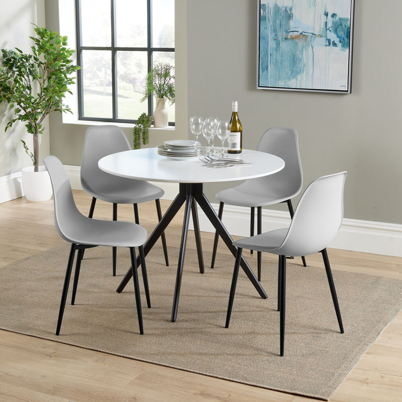 Aspen 5-Piece Casual Dining Set - Spacious Round Table & 4 Curved Plastic Chairs, White, Grey