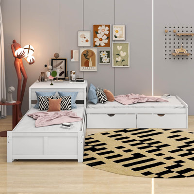 Lit plateforme simple en L avec lit gigogne, tiroir et bureau