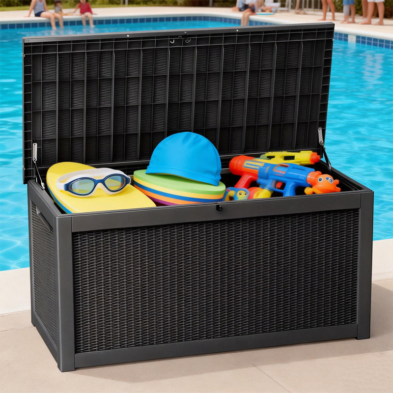 260 Gallon Outdoor Storage Box – Weather-Resistant Rattan-Style Resin Deck Box, Black