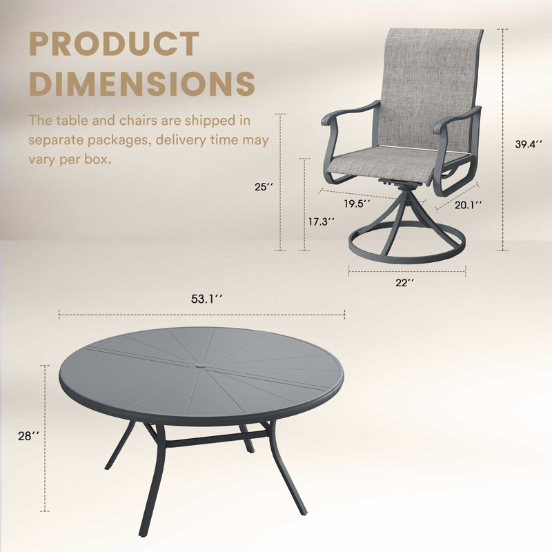 Table de salle à manger d'extérieur en aluminium avec chaise pivotante, Gris / Gris