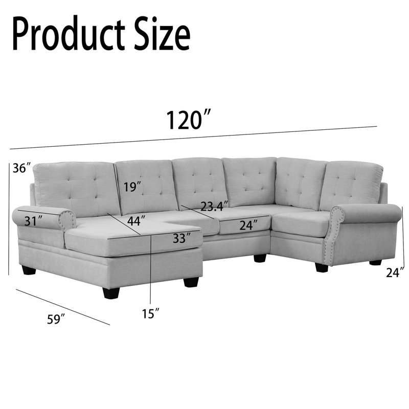 Upholstered U-Shaped Sectional Symmetrical, Gray 100% Linen