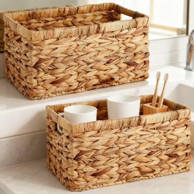 Hand-Woven Water Hyacinth Storage Baskets, Set Of 2 Small Rectangular Wicker Baskets For Home Organization, Fits Standard Shelves