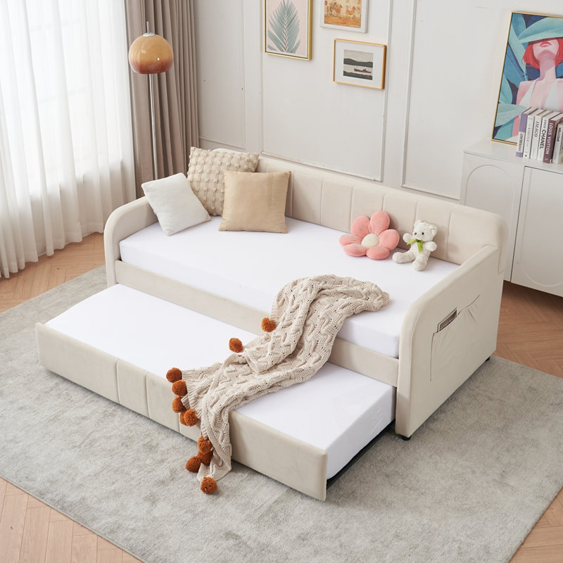 Twin Upholstered Daybed Frame with Trundle, Beige