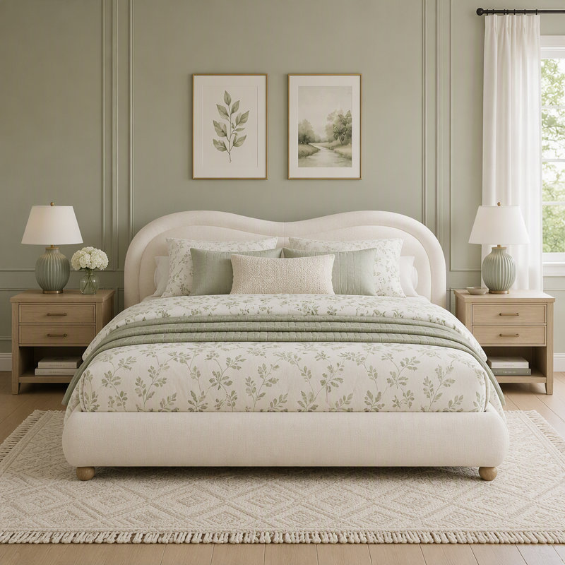 Lit plateforme tapissier, Très grand lit, Beige