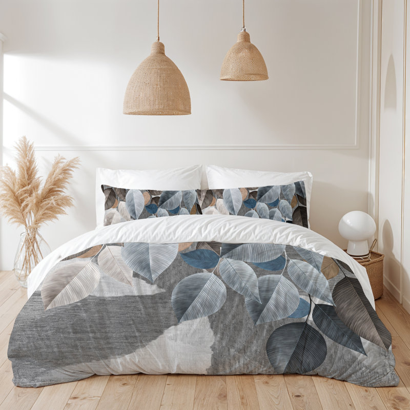 Microfiber Comforter Set, Blue/Gray Floral, Queen Comforter + 2 Standard Shams