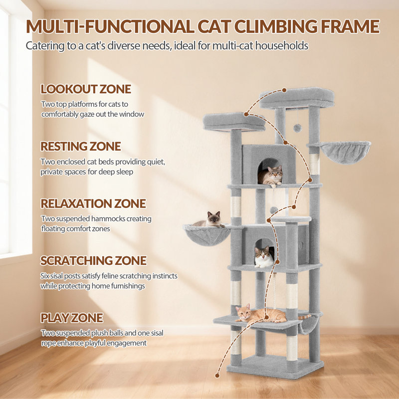Cat Tree, Light Grey, 50 x 40 x 175 cm