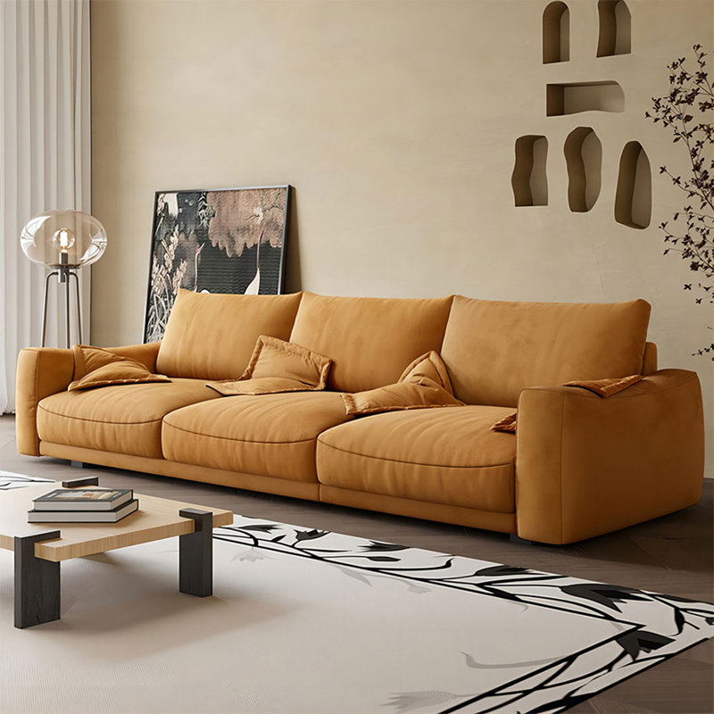 Modern warm orange suede straight-row sofa