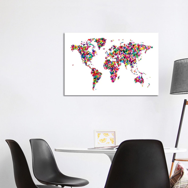Butterflies World Map by Michael Tompsett - 1 Piece Wrapped Canvas Painting, 101.6 cm H x 66.04 cm W x 1.91 cm D