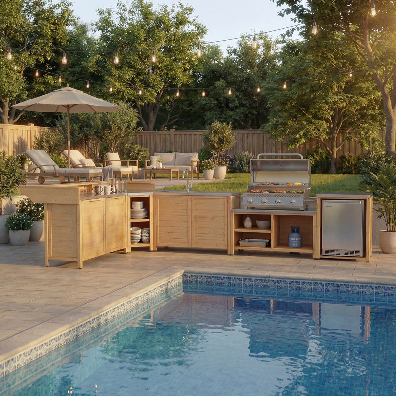 6-Piece U-Shaped Cedar Outdoor Kitchen Set with Sink, Grill Station, Storage and Bar Centre, Natural, Yellow