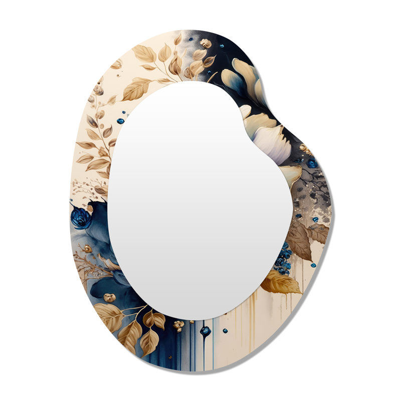 «Blue and Gold Floral Bunch III» - Miroir mural irrégulier traditionnel