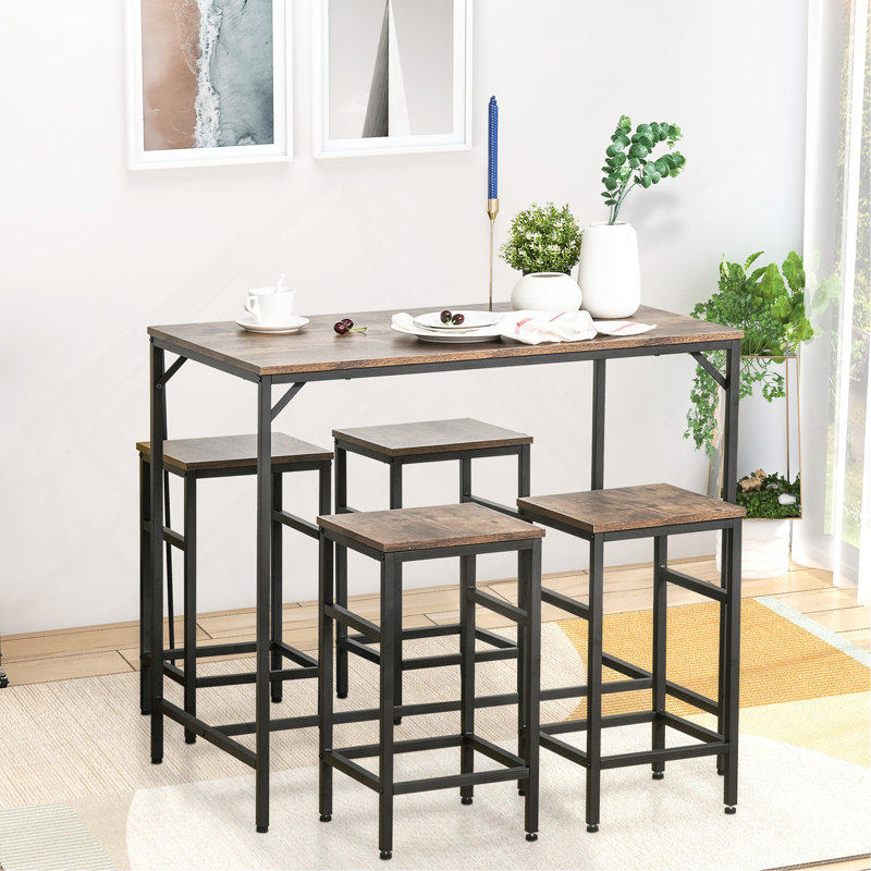 Ensemble de table de salle à manger industrielle 5 pièces, table de bar et 4 tabourets, noir / brun