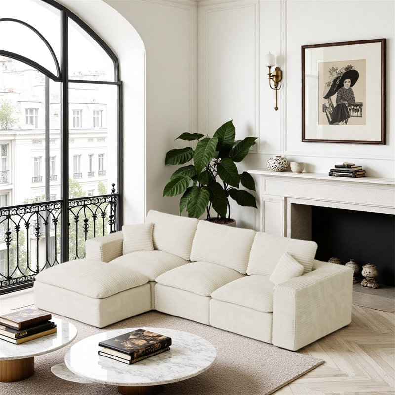 Canapé modulaire en tissu velours côtelé de 108 pouces à 3 places, Blanc
