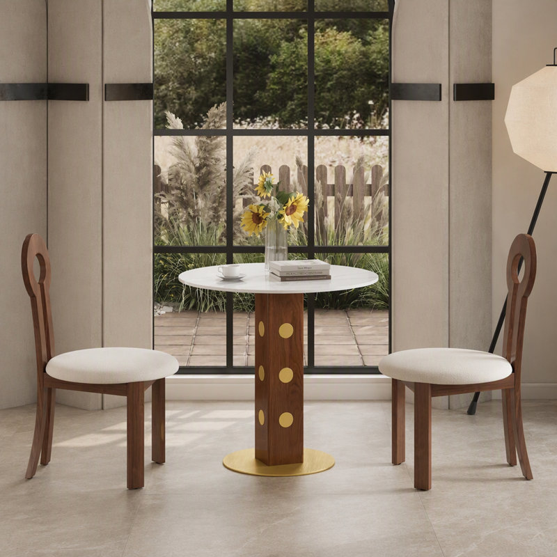 Table de salle à manger 33,5 pouces en pierre frittée ronde avec pieds en bois et base dorée pour 2 personnes, Blanc