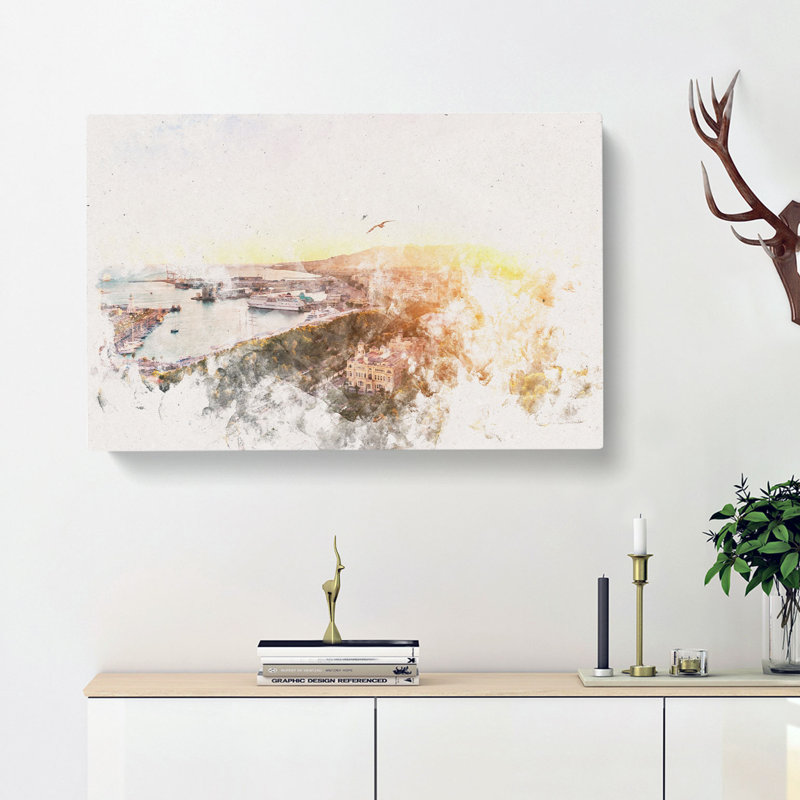 Malaga Skyline In Spain Watercolour - Wrapped Canvas Print, 40cm H x 60cm W x 3cm D