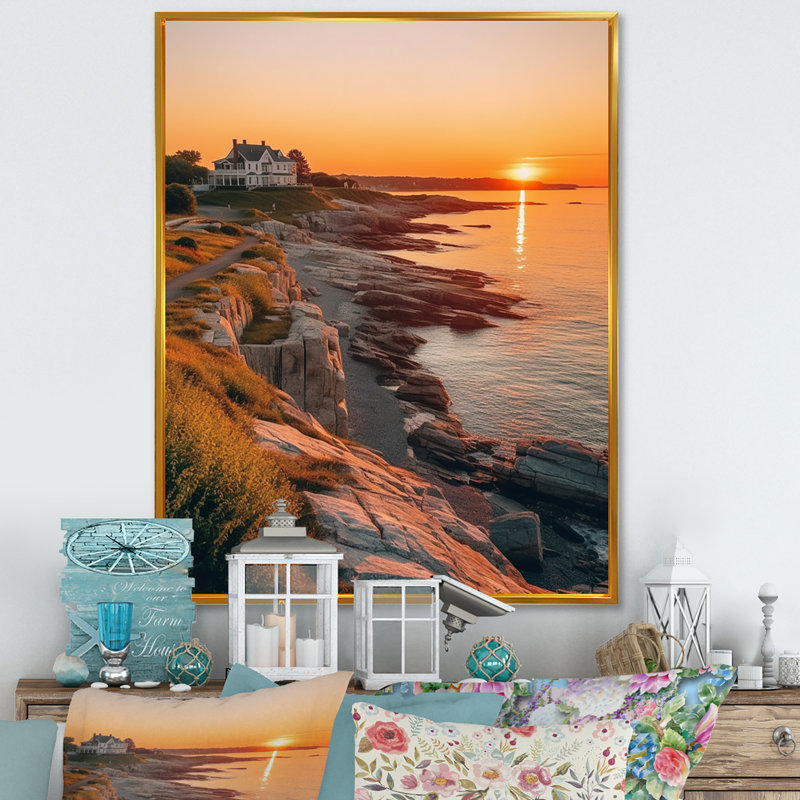 «Riff Island», art mural de New York, Rhode Island, 20" H x 12" W, Cadre flottant doré
