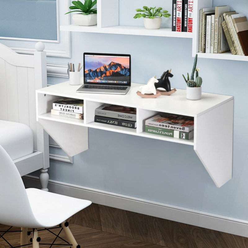 Yves Modern Wall Mounted Floating Computer Table Desk with Storage Shelves, White