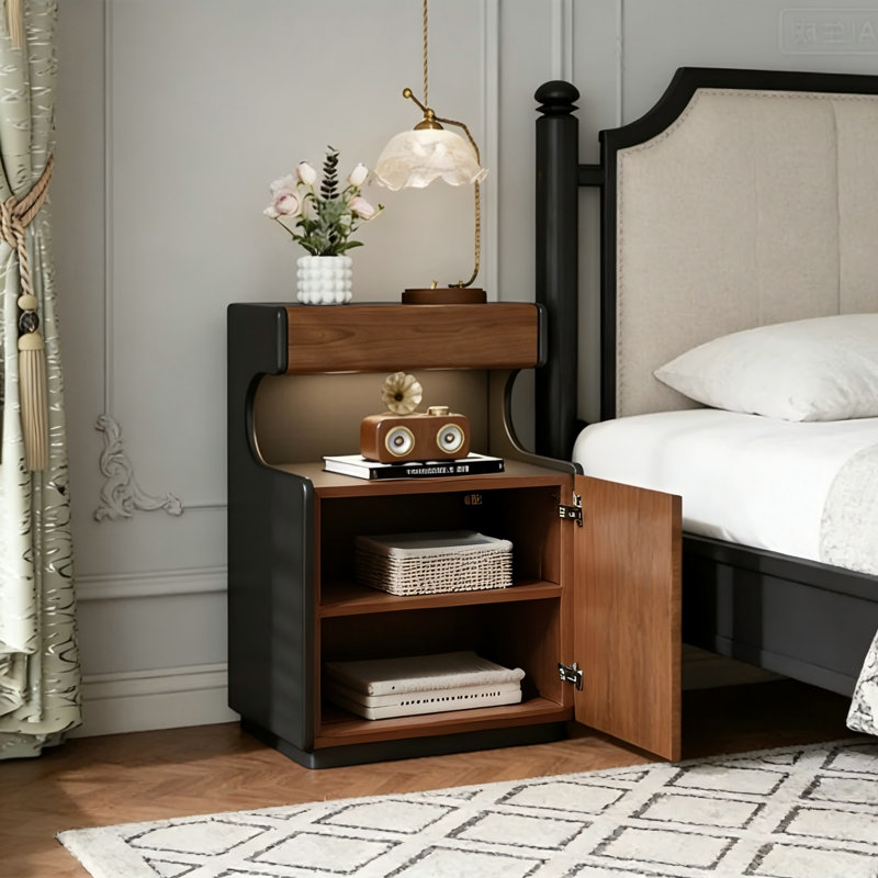 Table de chevet moderne avec éclairage à DEL intégré, table de bout en noyer et noire avec tiroir et armoire, rangement intelligent pour la chambre à coucher