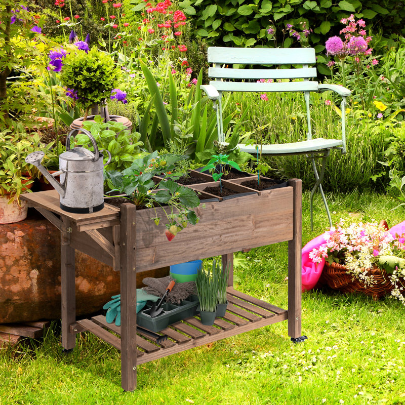 Lit de jardin surélevé 49 po x 21 po x 34 po, bac à plantes en bois avec 8 grilles, table d'appoint pliante et roues, pour herbes, légumes, fleurs, panneau de grilles brunes,