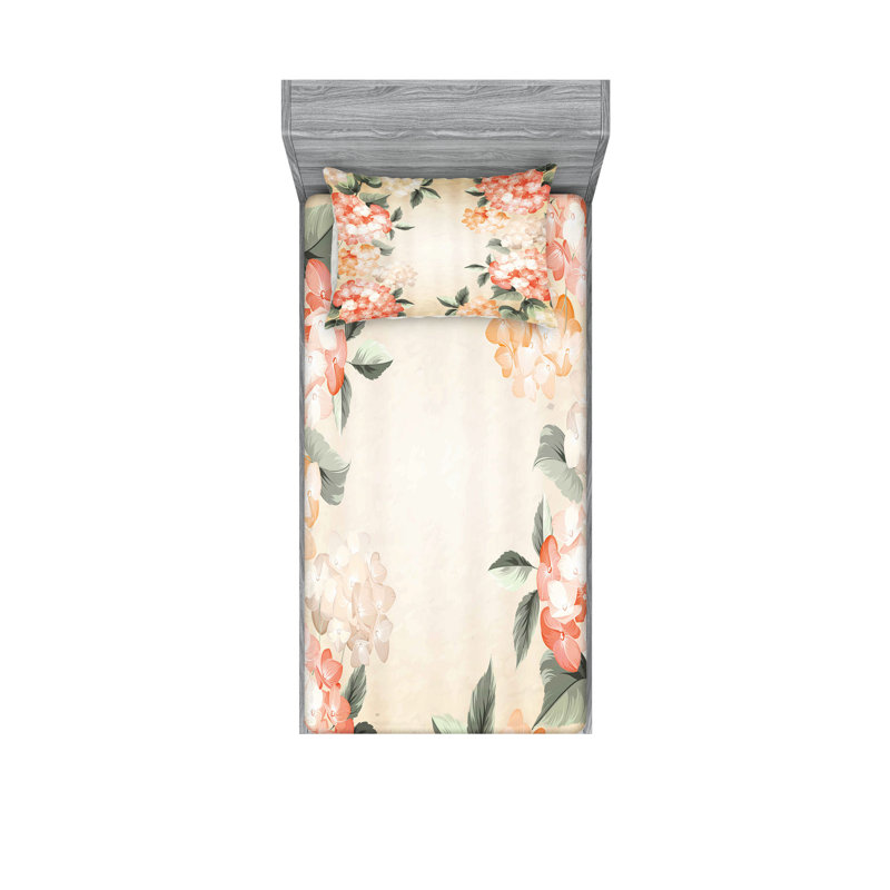 Ensemble de taie décorative à motif floral Ambesonne, saumon vert Reseda, Ensemble de draps pour lit simple TG + 1 drap-hous