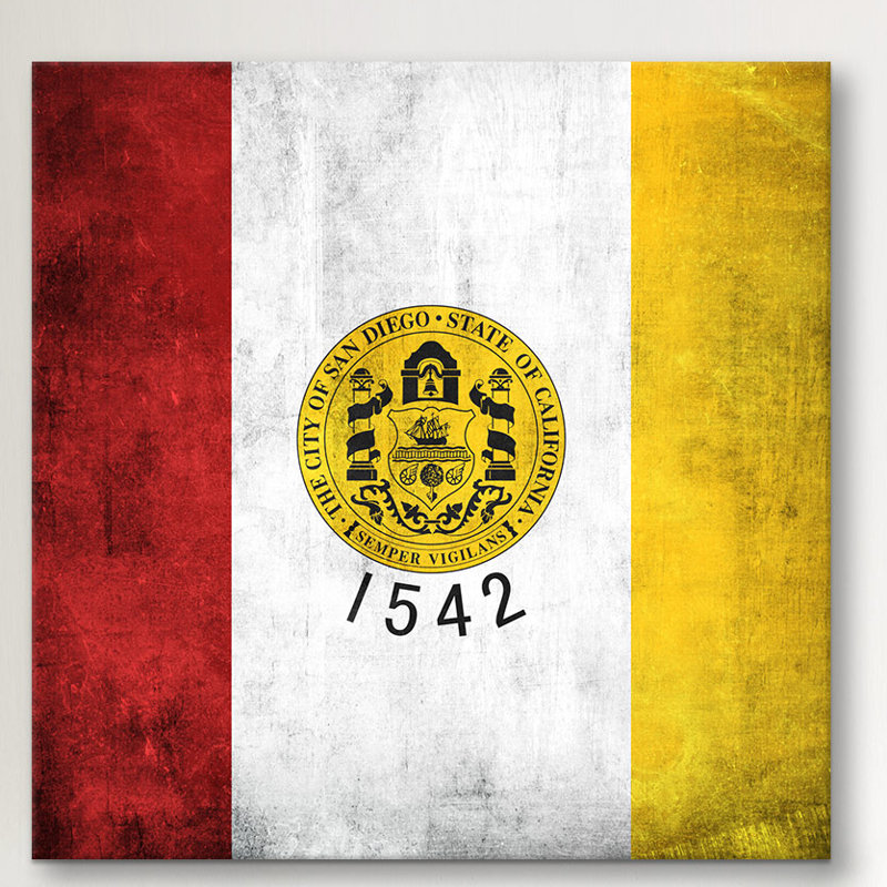 « san diego flag, grunge », impression sur toile, H 26 po x l 26 po x P 1,5 po, Toile avec cadre noir, Pas de tapis