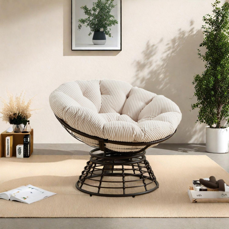 Comfortable Ergonomic Papasan Chair with 360° Swivel and Thick Cushion for Indoor/Outdoor Use, White