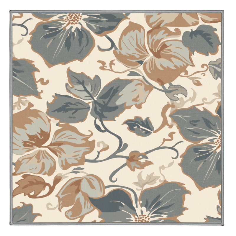 Machine Washable Ortencia Clematis French Country Floral Rug in Brown – Gray Binding, 7' Square