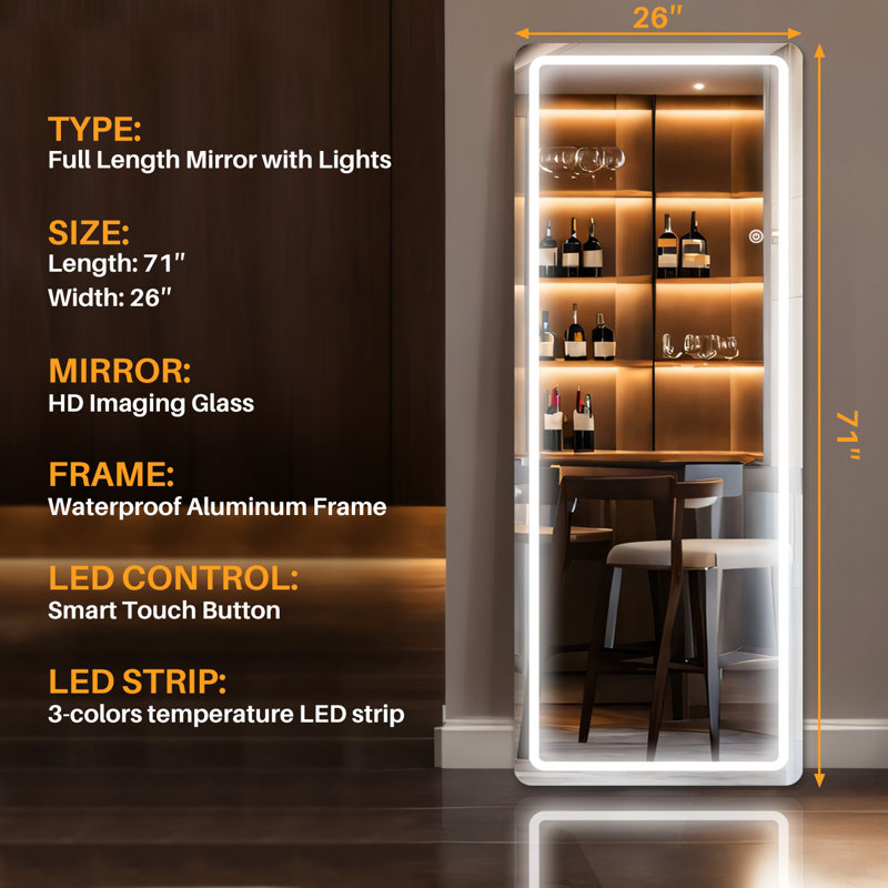 Miroir sur pied pleine longueur avec lumières DEL Belspring Mirror, 71 po x 26 po