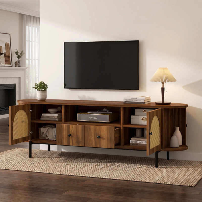 Meuble télé de style américain U-Can avec portes arquées en rotin, tiroirs, rangement dissimulé, pieds en acier, coins arrondis
