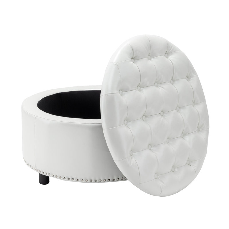 Repose-pieds rond en similicuir avec pieds en bois Red Barrel Studio® Vik, Blanc