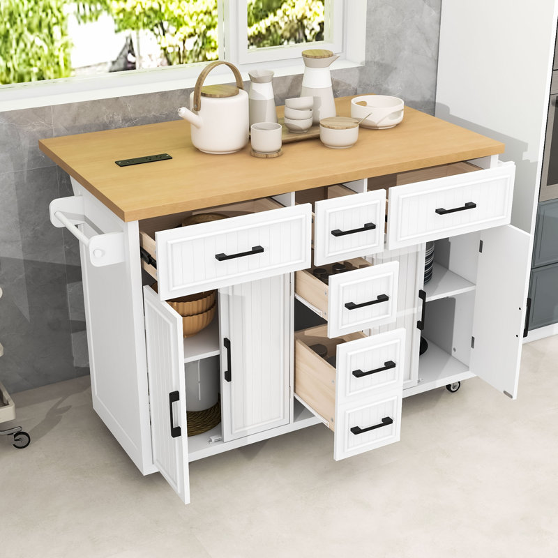 Îlot de cuisine en bois avec tiroirs de rangement, tablettes, station de charge et abattant, Blanc