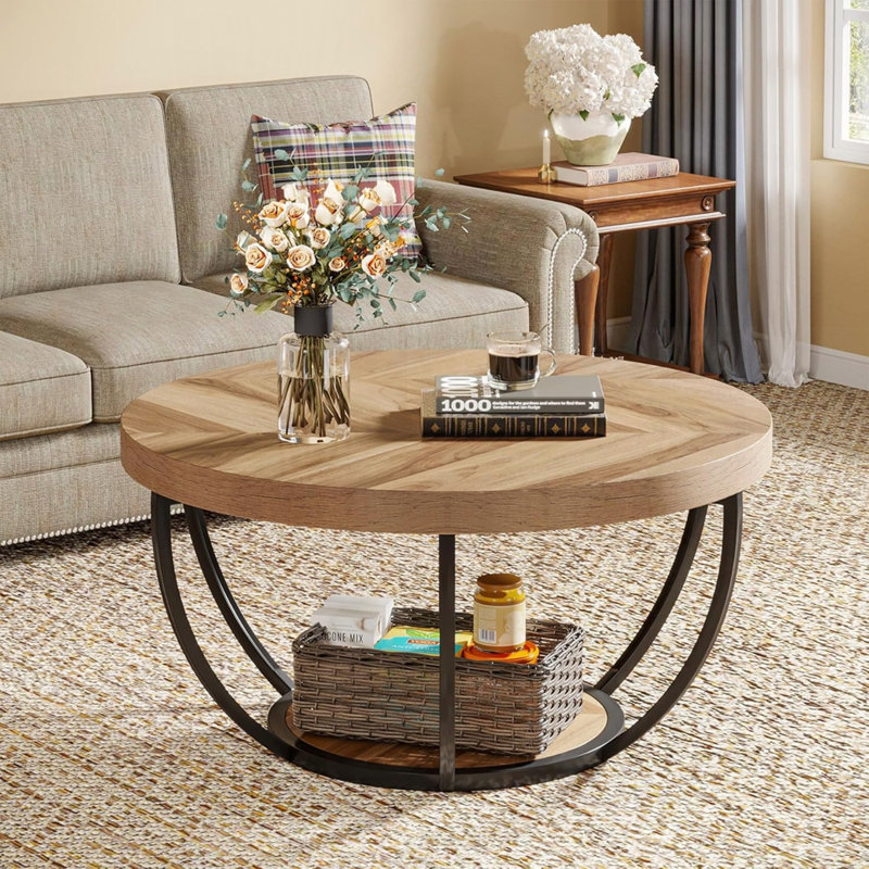 Table basse ronde, table basse circulaire de 31,7 po pour le salon, table d'appoint moderne en bois à 2 niveaux avec tablettes ouvertes de rangement, grain de bois et noir