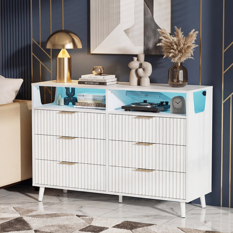 6 Drawer Cabinet With Fluted Panel RGB LED Light 47 Inch W, White