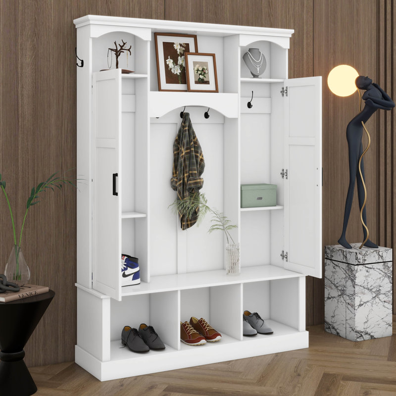 Arbre d'entrée de style campagnard avec tablettes réglables et 7 crochets, organisateur de hall d'entrée tout-en-un, armoire à chaussures et banc de rangement