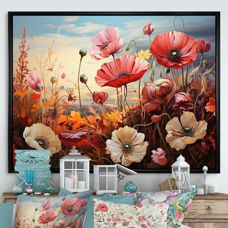 «Pink Crimson Flower Meadow Field V», reproduction sur toile, Cadre flottant noir, H 24 po x l 32 po