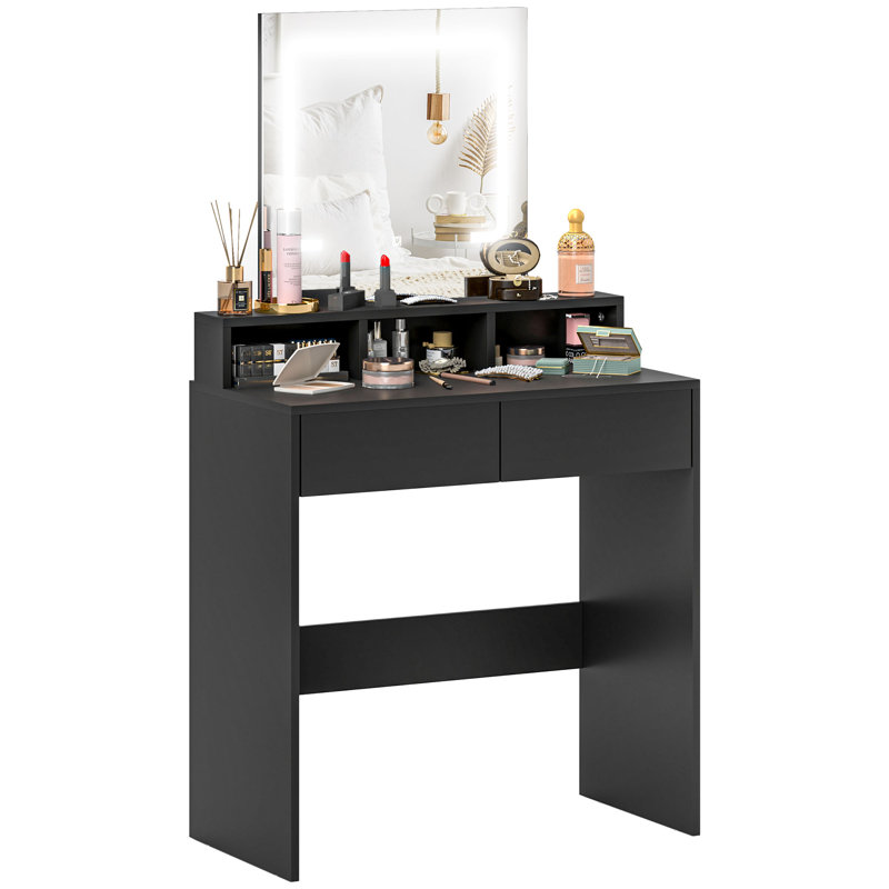 Bureau de maquillage avec miroir, 3 lumières DEL de couleur, tiroirs, blanc, White