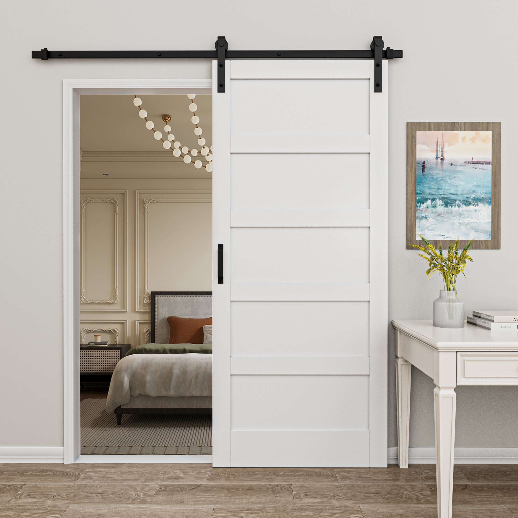 Win Stellar Paneled Manufactured Wood Barn Door with Installation