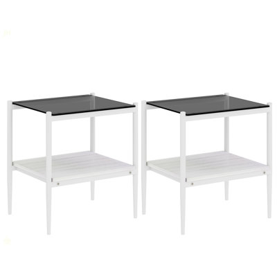 Set Of 2 Rectangle End Table, Tempered Glass Tabletop With MDF Layer, Modern Table For Living Room , Gray Glass