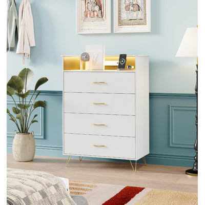 4-Drawer Dresser with RGB Lights & Charging Station, Large Capacity Wooden Chest by Ebern Designs