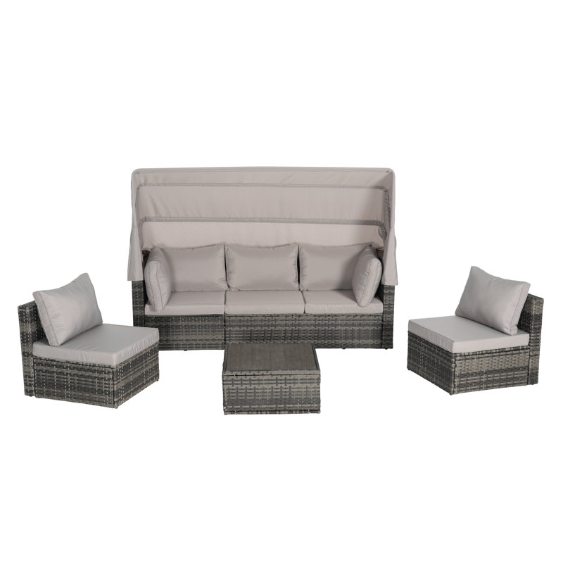 5 Pieces Outdoor Patio Wicker Daybed Furniture Set With Retractable Canopy, Storable Side Table, And Soft Cushions For Relaxing In Your Backyard Or Porch