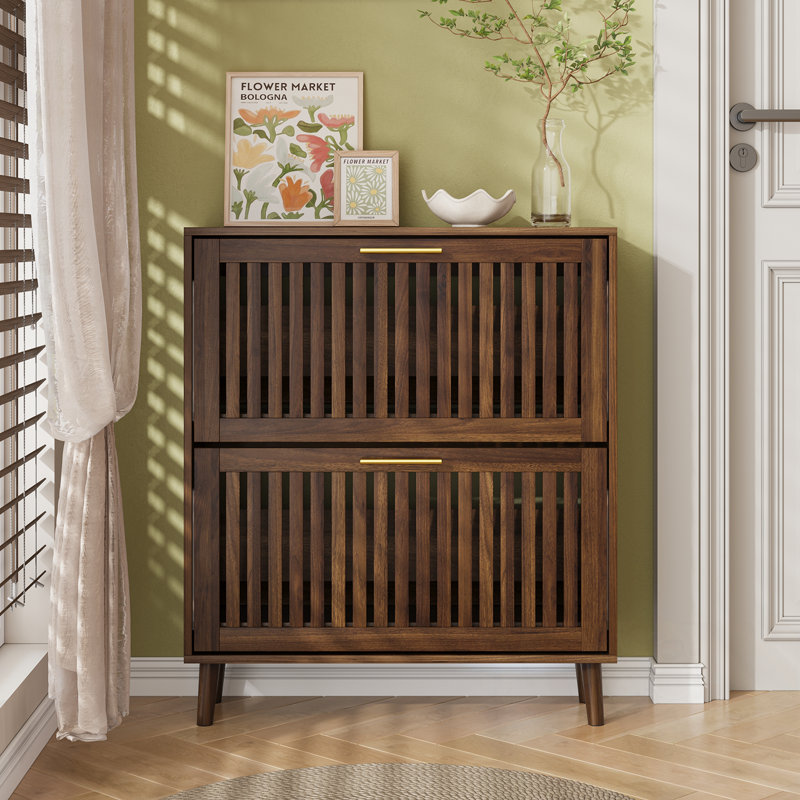 Shoe Cabinet Storage with 2 Flip Drawers and metal handles, 36.4" H x 31.5" W x 9.5" D