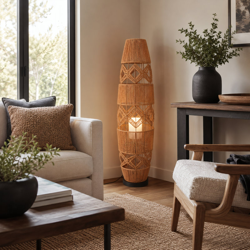 Lampe sur pied bohémienne en corde tissée à la main, lampe intérieure sur pied avec ampoules