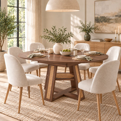 43.3" to 59" Extendable Round to Oval Dining Table with Self Storing Leaf and Faux Rattan Pedestal Base