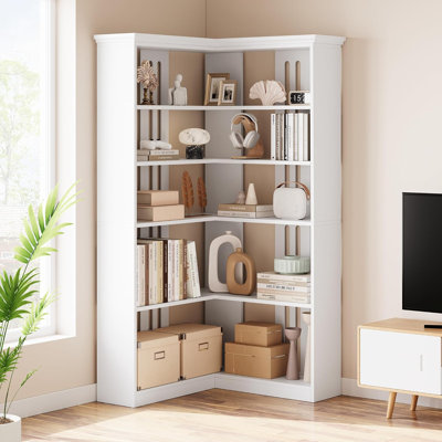 72.8"L-Shaped Corner Bookshelf, 5-Tier Wooden Bookcase-Farmhouse Storage Display Rack - Large Open Shelves, Anti-Tip, Easy Assembly for Living Room, Bedroom, Office-White Half Back Panel