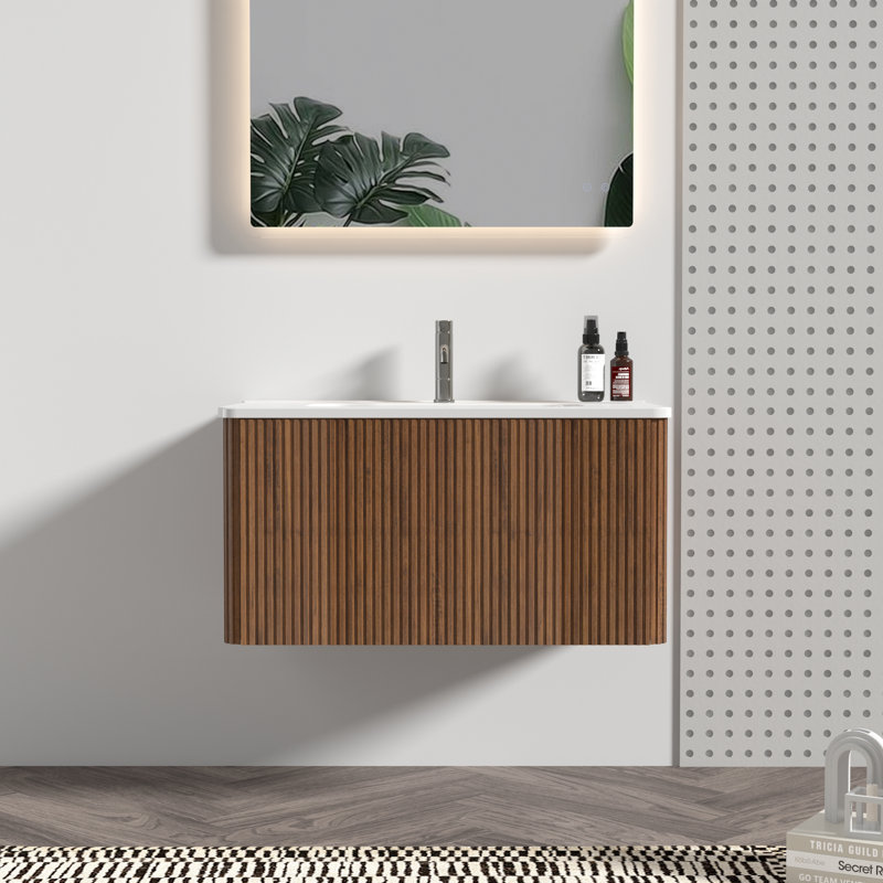Striped Bathroom Vanity With White Ceramic Sink, Wall Mounted Floating Bathroom Vanity For Modern Bathroom, KD, 30"