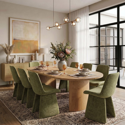 79" Oval Dining Table Set For 8, Modern Wood Grain Dining Room Set With Upholstered Dining Chairs