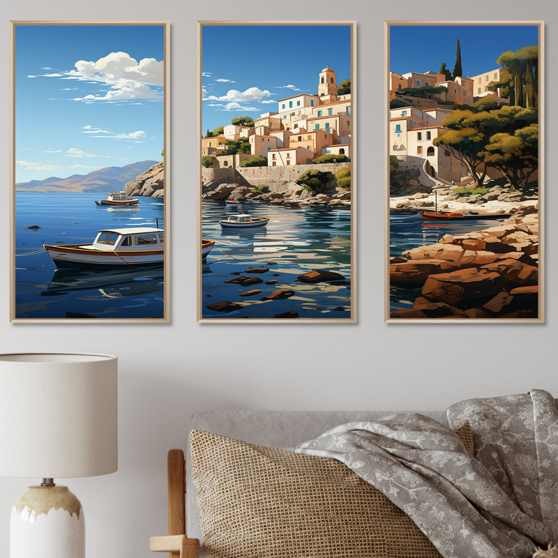 Capri, Italie, bleu, village méditerranéen II - Italie, art mural paysage, Cadre flottant brun, H 40 po x l 61 po x P 1 po